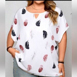 Women’s SHEIN White Semi Sheer Feather Leaf Print Top-Short Sleeves. Size 2XL